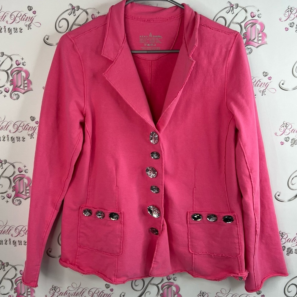 Neon Buddha button up jacket sweater Pink Blazer jewel rhinestone Button Accents